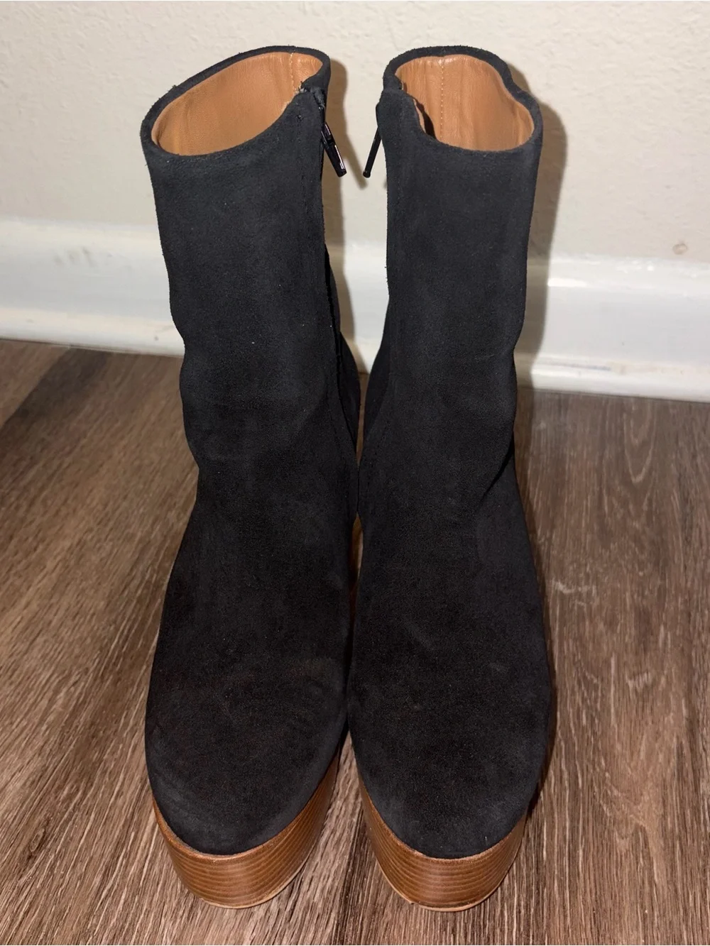 Women’s Black Suede Free People Friday Night Wood Grain Platform Boots 38 7.5-8